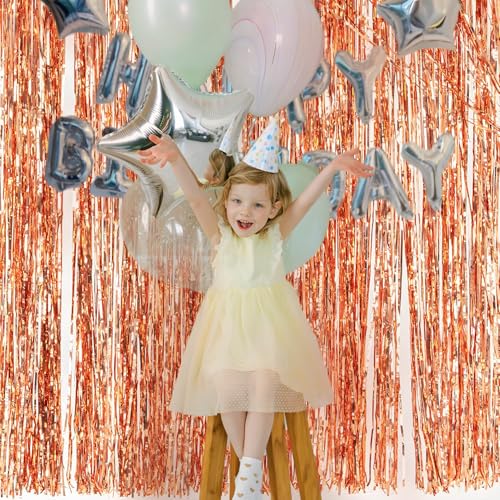 Image of Rose Gold Birthday Party Decorations Foil Fringe Backdrop Curtain 2 Pack 3.3x8.2 Ft, Rose Gold Streamers Happy Birthday Banner Backdrop Arch Decor for Sweet 16 Women Girl Baby Shower Bridal Shower