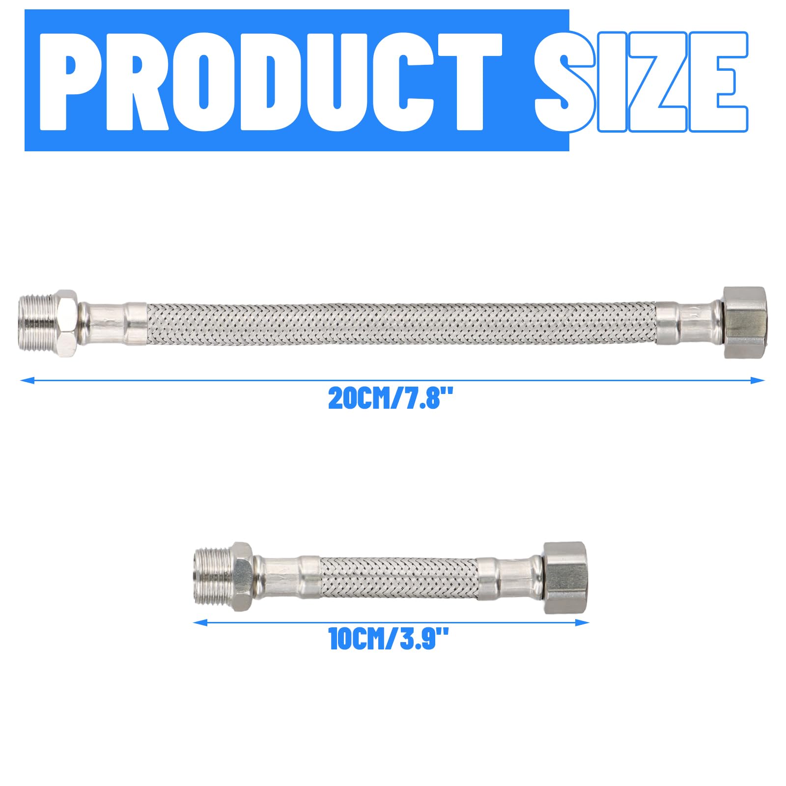 Manguera flexible de 3/8 pulgadas, 4 unidades de manguera blindada de 3/8 pulgadas, 20 cm/10 cm, acero inoxidable 304, manguera flexible de agua para grifo de baño, inodoro y cocina