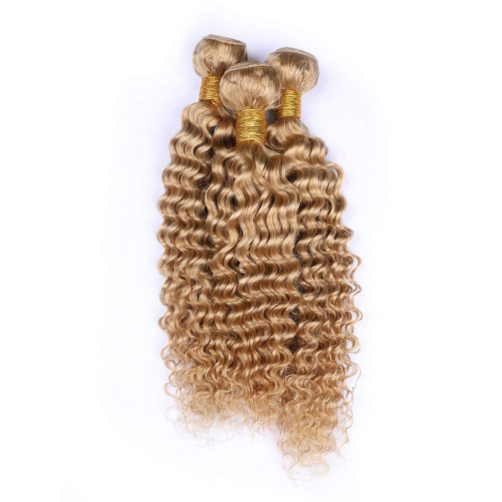 Cloud Hair Honey Blonde Color 27# Deep Wave Wavy Virgin Human Hair Bundles 300g Deep Curly Hair Weaves For Black Woman (24 26 28inch 3pcs)