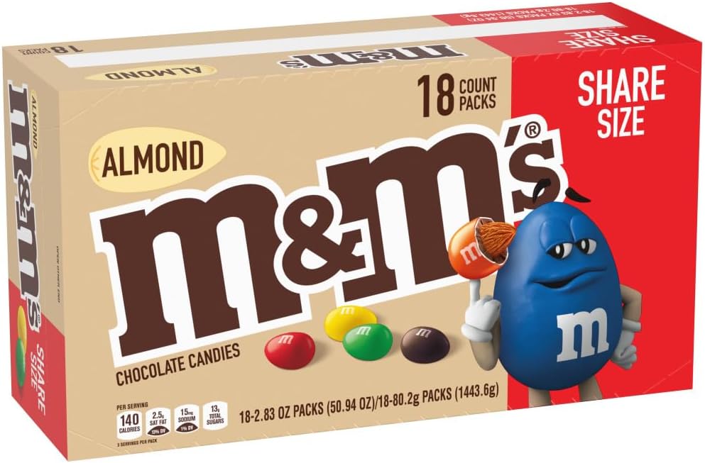 M and M's Almond Chocolate Candy Sharing Size 2.83-Ounce Pouch 18-Count Box
