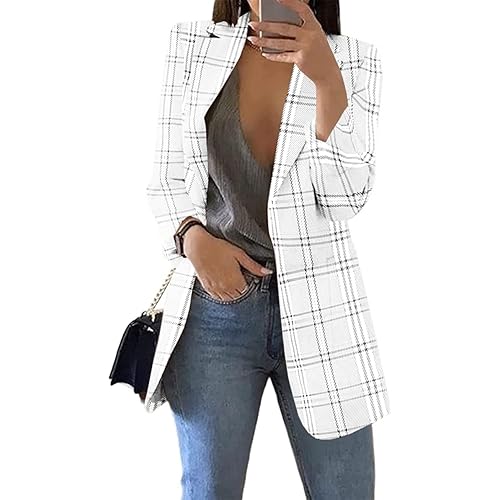 Grlasen Womens Casual Blazer Plaid Slim Fit Lapel Work Office Outerwear Jacket Suit