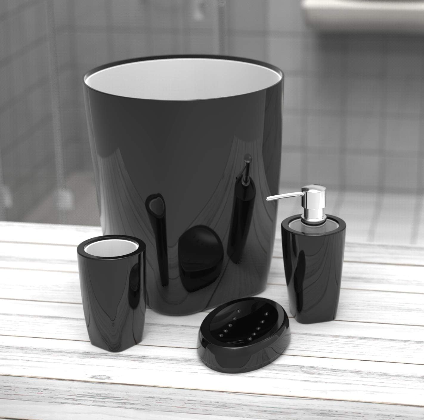 4 pc Modern White/Black Acrylic Plastic Bathroom Accessory Set - Lotion Dispenser, Soap Dish, Tumbler, Trash Can - BTMO-WH/BK