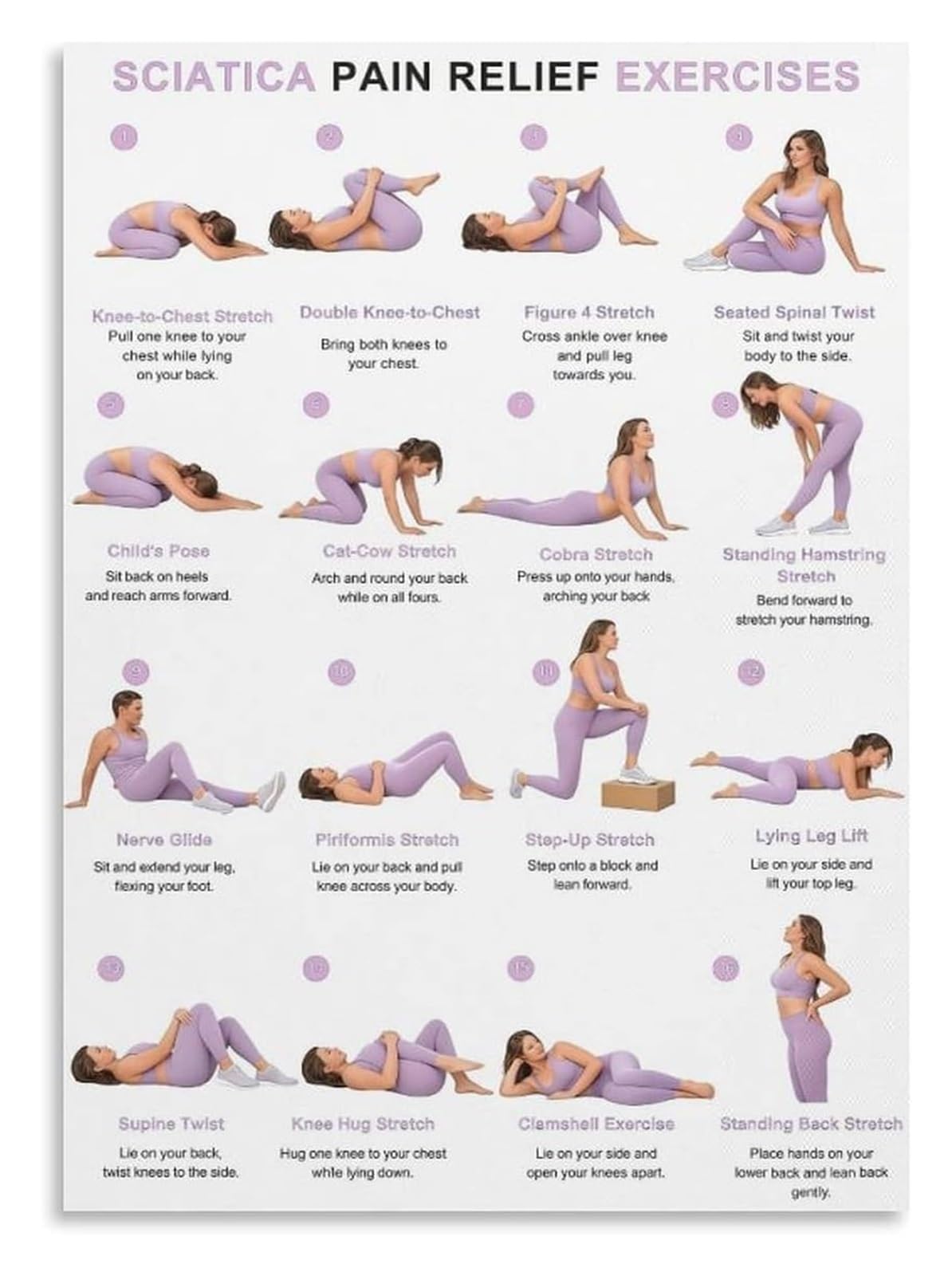 Sciatica Pain Relief Exercises 16 Step Stretching Guide Wall Art