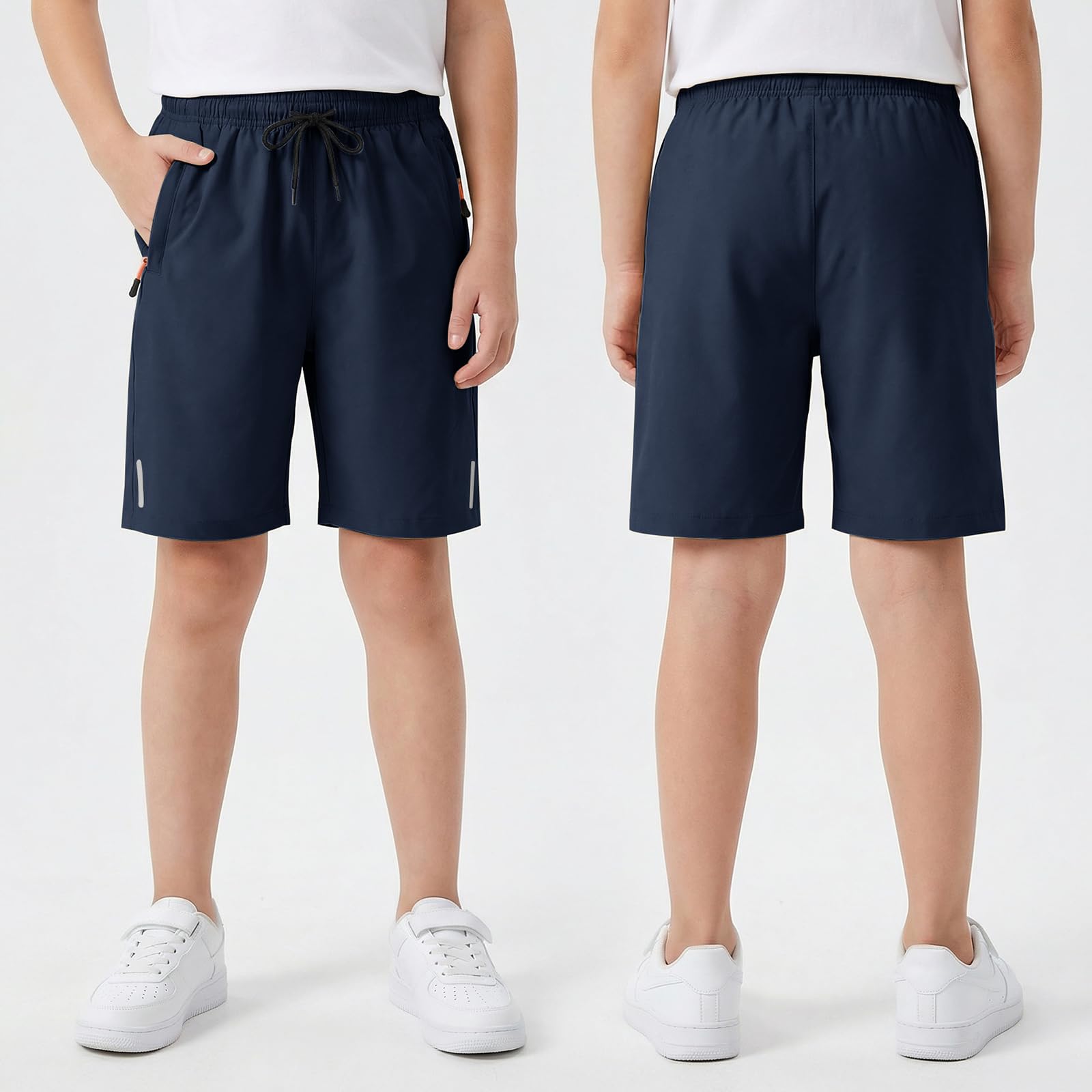 Pantaloncini Sportivi Ragazzi, Rapida Asciugatura Shorts con Strisce Riflettenti e Tasche Cerniera, Traspirante Abbigliamento Sportivo Cordino Interno Scuola Casual Bambini 6-13 Anni