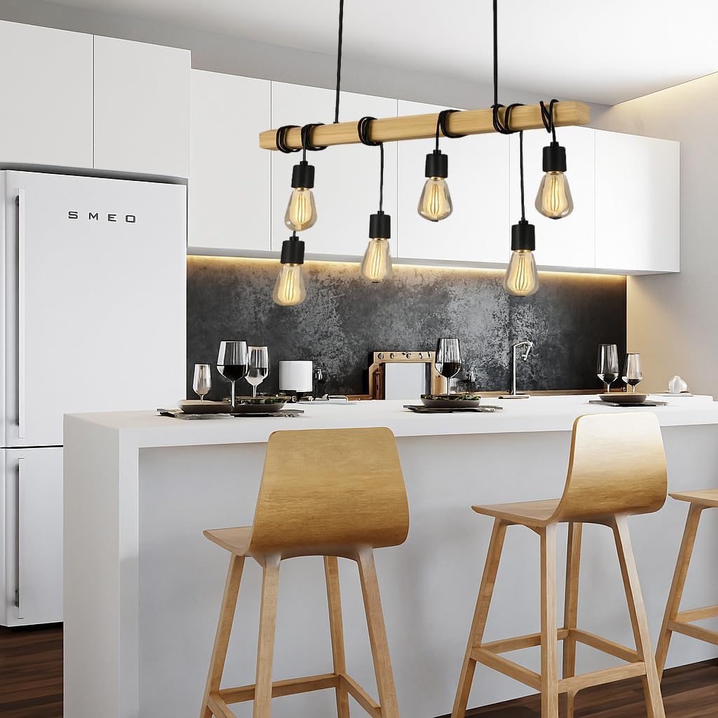 Lampada Sospesa a Soffitto con Paralume in Legno, Lampadario Design Industriale/Scandinavo con Attacco E27, per Cucina Isola Tavolo Bar, 110-240V, (Lampadina Non Inclusa) B47-6
