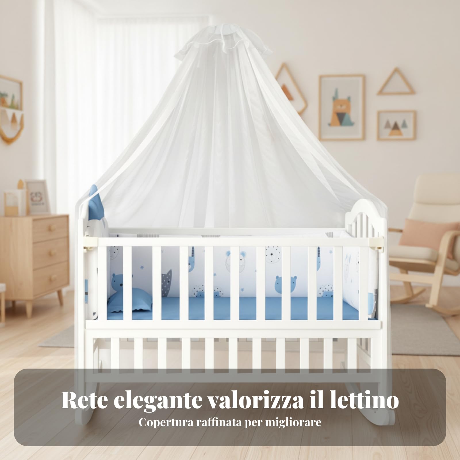 Culla Neonato Culla Letto Culla a Dondolo Lettino Bambini Legno con Struttura Stabile a Base Curva Scorrimento Materasso Coordinato Canopy Rete Ruote