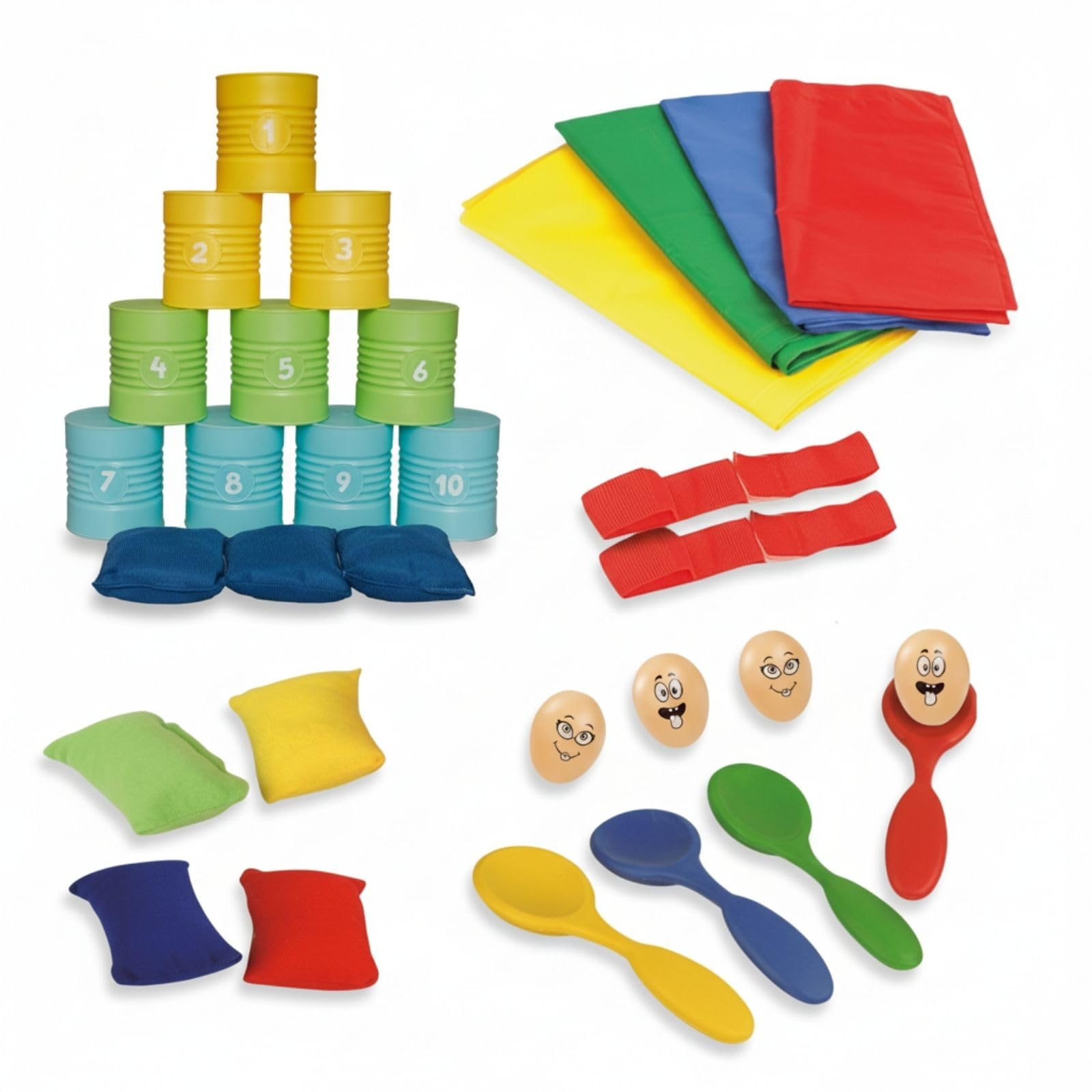 alldoro 68705 Party-Bundle 32-TLG, Dosenwerfen & 4 Klassische Bewegungsspiele, actionreiches Spielepaket, für Kindergeburtstag, Feste, Indoor & Outdoor
