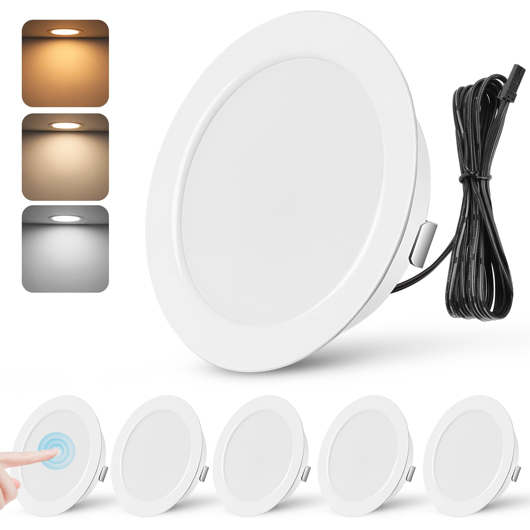 Downlight LED Techo Empotrable 12V Regulable 3W Ojos de Buey LED para Techo 3000K 4000K 6000K Foco 12v interior con cable 2m para Autocaravanas/Muebles, Corte 55-58mm, Pack 6, Blanco