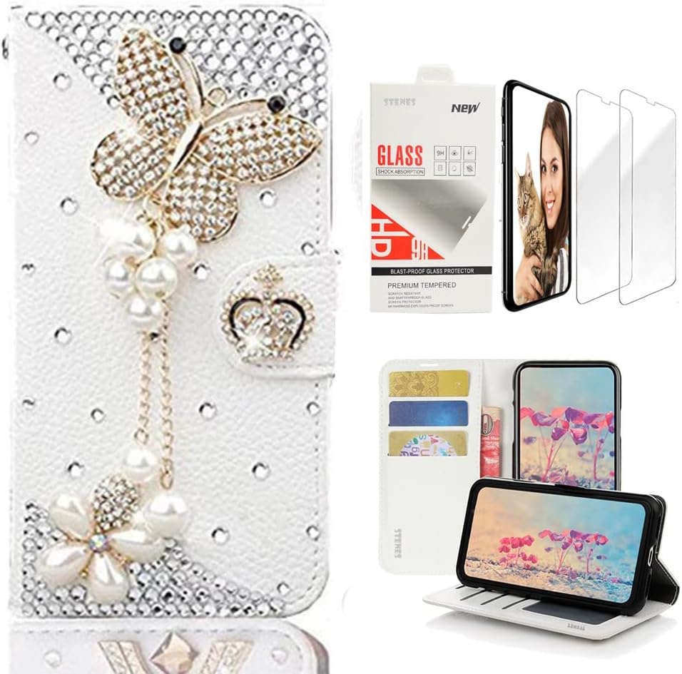 STENES Bling Wallet Phone Case Compatible with iPhone 13 - Stylish - 3D Handmade Flowers Flowers Design Leather Cover with Screen Protector [2 Pack] - Pink