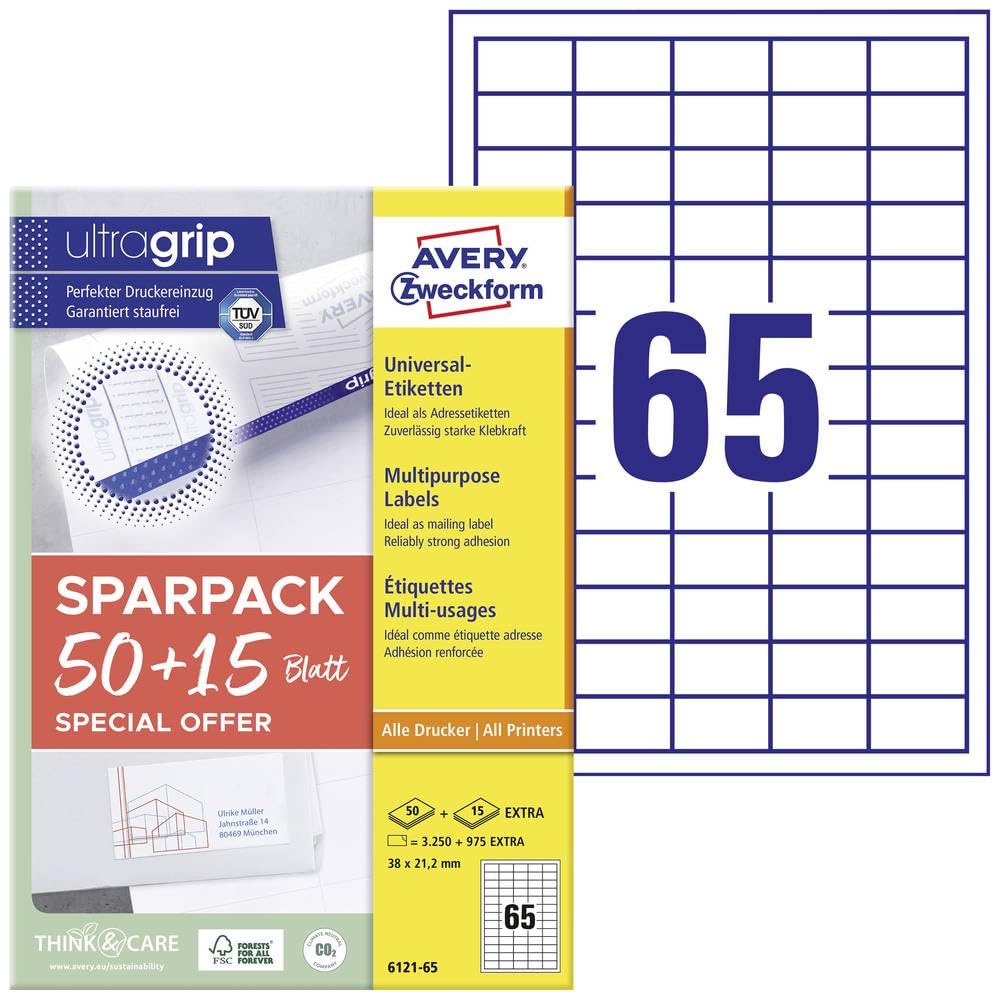 AVERY Zweckform 6121-65 Universal Labels (3,250 Plus 975 Extra Adhesive Labels, 38 x 21.2 mm on A4, Matte Paper, Individually Printable, Self-Adhesive Stickers with Ultragrip) 65 Sheets, White