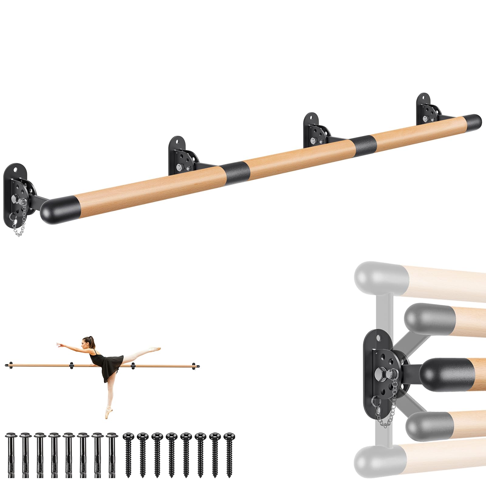 Dolibest 250cm Ballet Barre Wall Mounted, Adjustable Wooden Dance Bar Foldable Home Stretching Barre Ballerina Workout Equipment with Metal Support Bracket for Girls Kids and Adults, 4cm Diameter