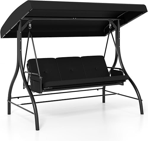 Tangkula Columpio para porche para 3 personas, columpio convertible 2 en 1 para exteriores con toldo ajustable, cojines extraíbles, marco de metal,