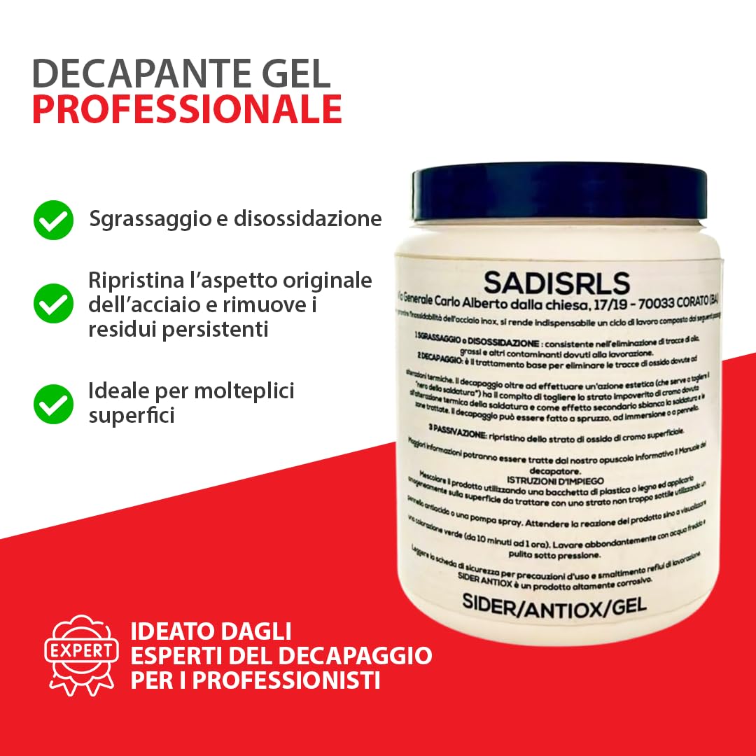 Decapante Gel Professionale per Acciaio Inox (1 KG) - 3 in 1 - Sgrassaggio, Diossidazione, Passivante - Sider/Antiox