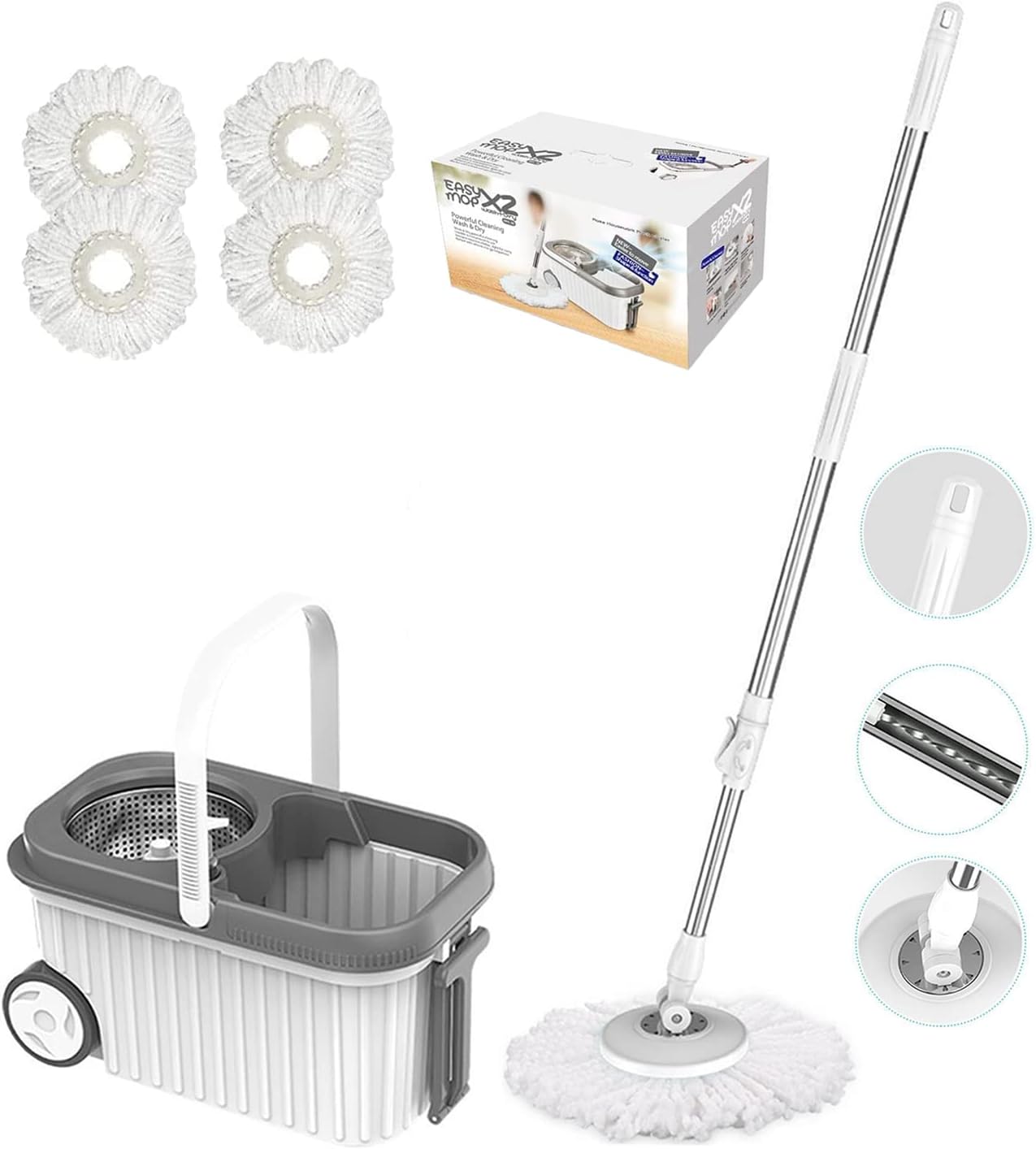 Spin Floor Mop with Wheels Set for Professional Home Floor Cleaning System with Aluminum Handle/2-Washable Microfiber Pads Perfect Home + Kitchen Cleaner for Hardwood, Laminate (Spin Mop with Wheels)