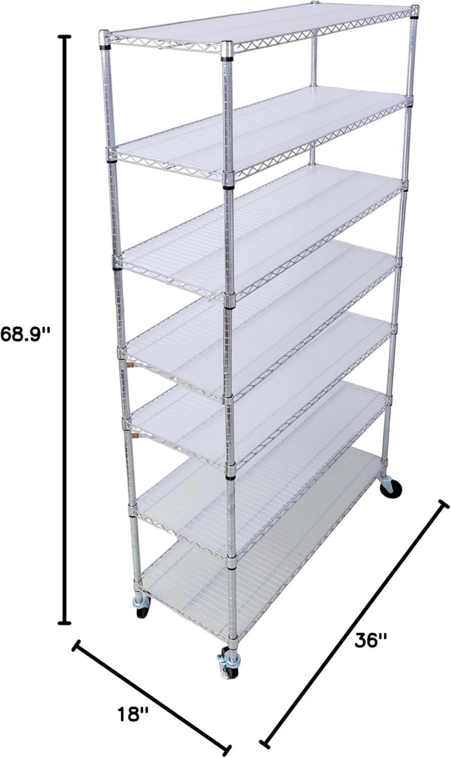 Scaffale in Filo Metallico A 7 Ripiani Resistente con Ruote, Regolabile, Portata Massima 1110 kg, Ideale per Armadi, Garage, Cucine E Cantine - Dimensioni: 207 Cm (Altezza) X 122 Cm (Lunghezza)