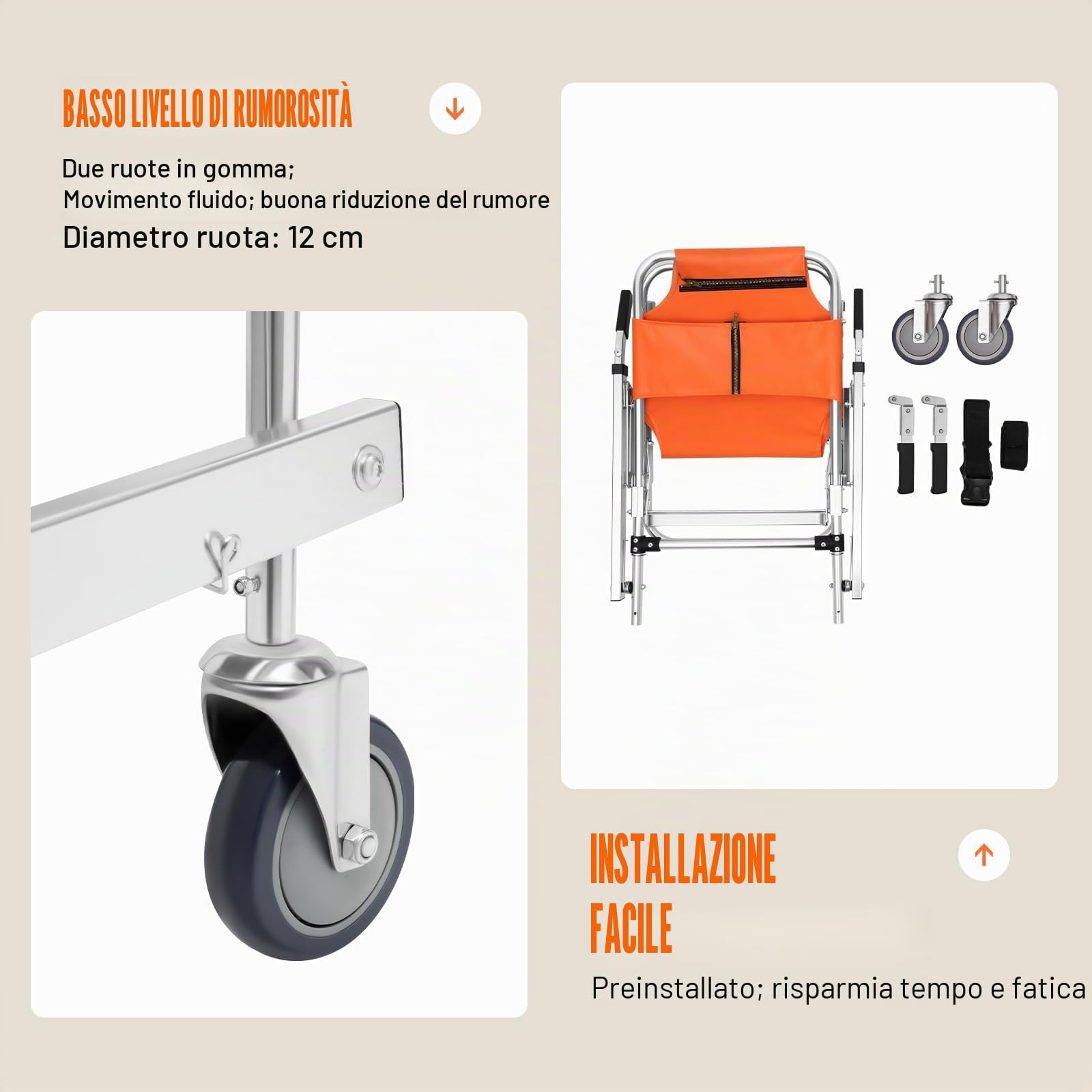 Sedia per scale, 159 kg, design salvaspazio, portatile, pieghevole, in PVC, arancione, con rinforzo in tubo a U e ruota in gomma, per ospedali, centri di emergenza, vigili del fuoco