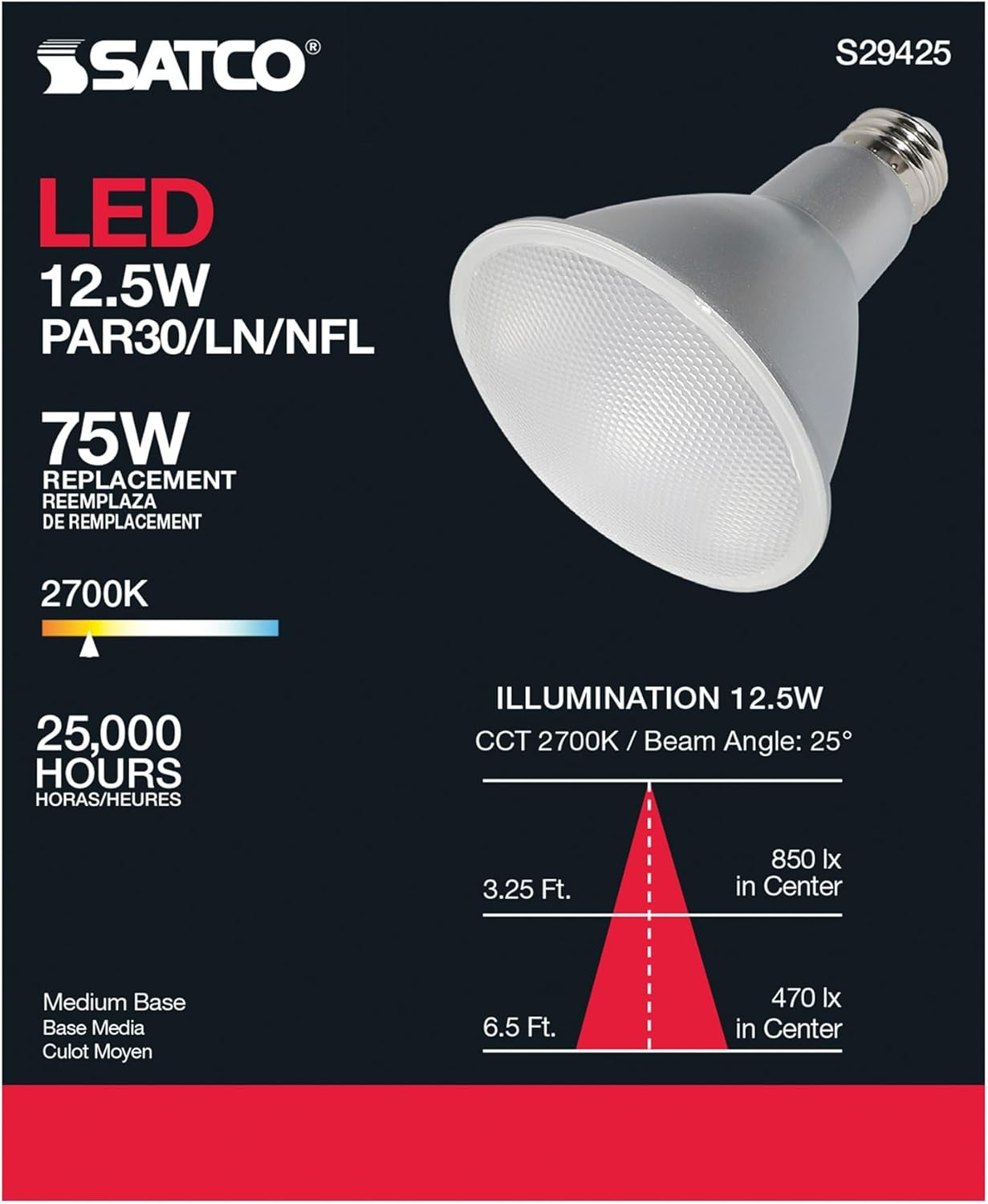 Satco S29425 12.5W Long-Neck PAR30 LED Reflector Bulb, 75W Replacement, 2700K, Clear