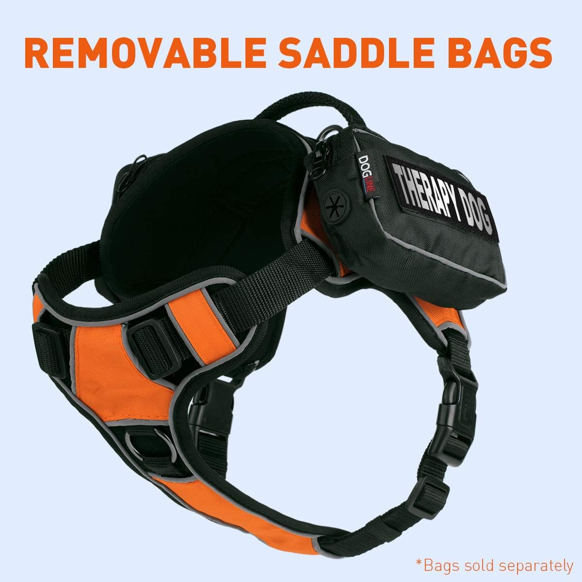 Dogline Quest No-Pull Dog Harness with Therapy Dog Reflective Removable Patches Reflective Soft Comfortable Dog Vest with Quick Release Dual Buckles Black Hardware and Handle 15 to 18 inches Orange