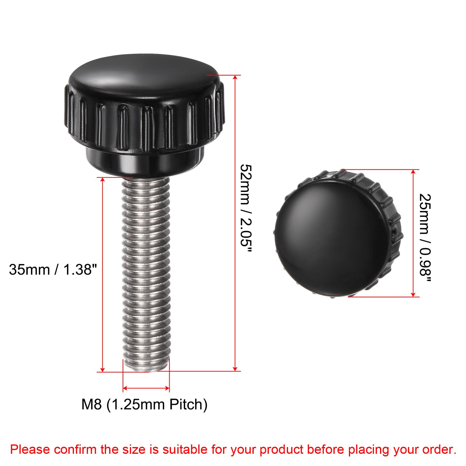QUARKZMAN 4pz Manopole di Serraggio Zigrinate M8 x 35mm Metrico 304 Acciaio Inossidabile Filettatura Maschio Vite a Testa Zigrinata 25mm Testa Rotonda Plastica Filettata Bullone a Mano Nero