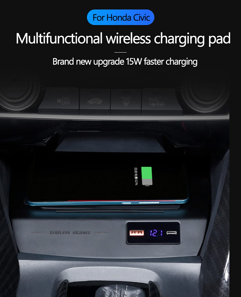 Cargador Inalámbrico Coche Auto para Honda Judai Civic 2016-2020 con Consola Central 15W Carga Rápida Teléfono Cargador Qi con QC 3.0 PD USB