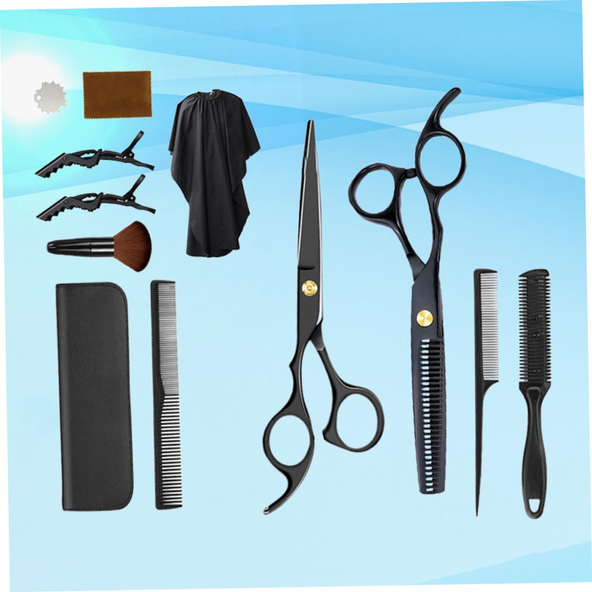 Friseurscheren 1 Satz aus Kunststoff, Schwarz, Flache Schere | Zahnschere, 12 Stück Zubehör, für Barbershop und Zuhause, Leicht und Ergonomisch