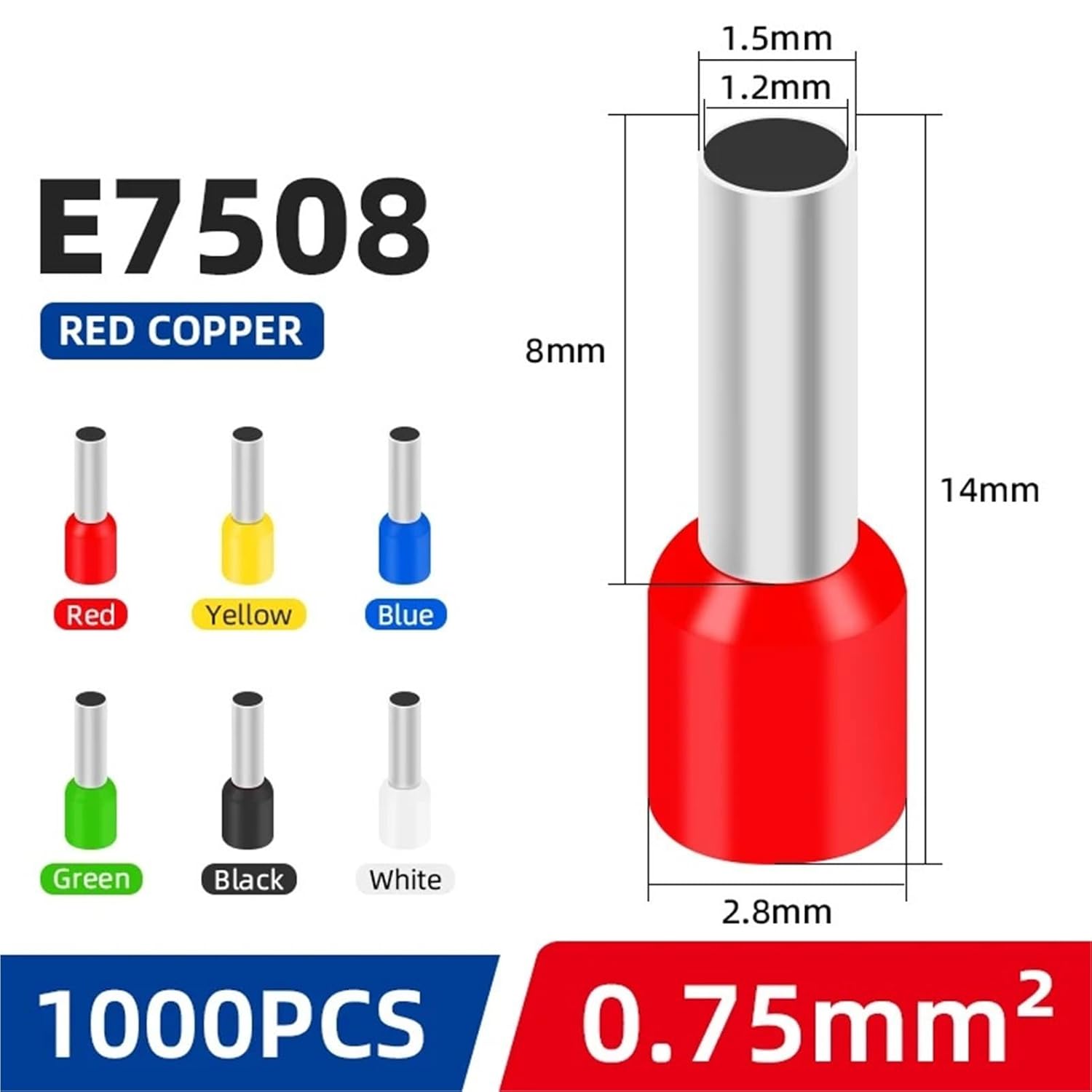 1000Pcs Wire Connector Terminal E7508 E1008 E1508 E2508 E4009(White,E6012-1000PCS)