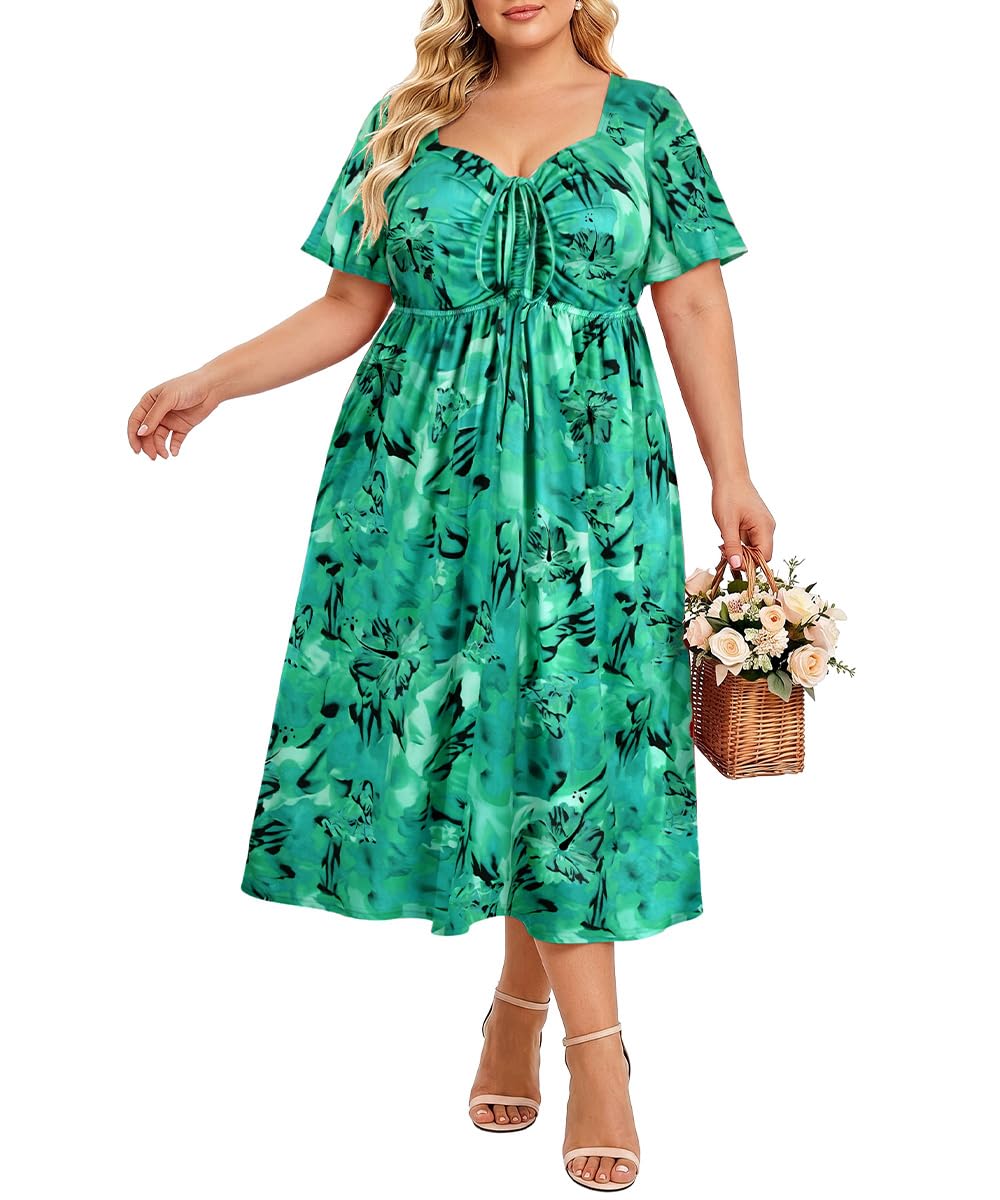 CARCOS Plus Size Dresses for Curvy Women Tie Sweetheart Neck Summer Maxi Dress Short Sleeve Empire Waist Floral Boho Dress