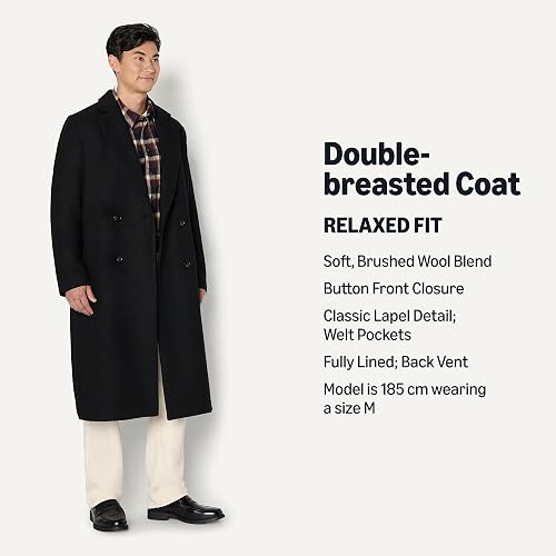 Amazon Essentials Men's Relaxed-Fit Double-Breasted Wool-Blend Long Coat, Black, M - 2