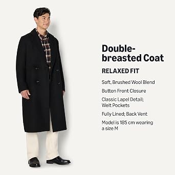 Amazon Essentials Men's Relaxed-Fit Double-Breasted Wool-Blend Long Coat