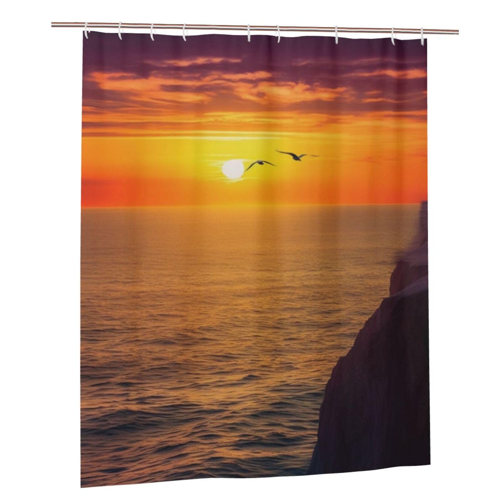 BWWHCCTI Beautiful Sunset Sea Printed Shower Curtain With 12 Plastic Hooks Opaque Quick Drying Waterproof Shower Curtains Sets For Bathroom 152x183 Cm