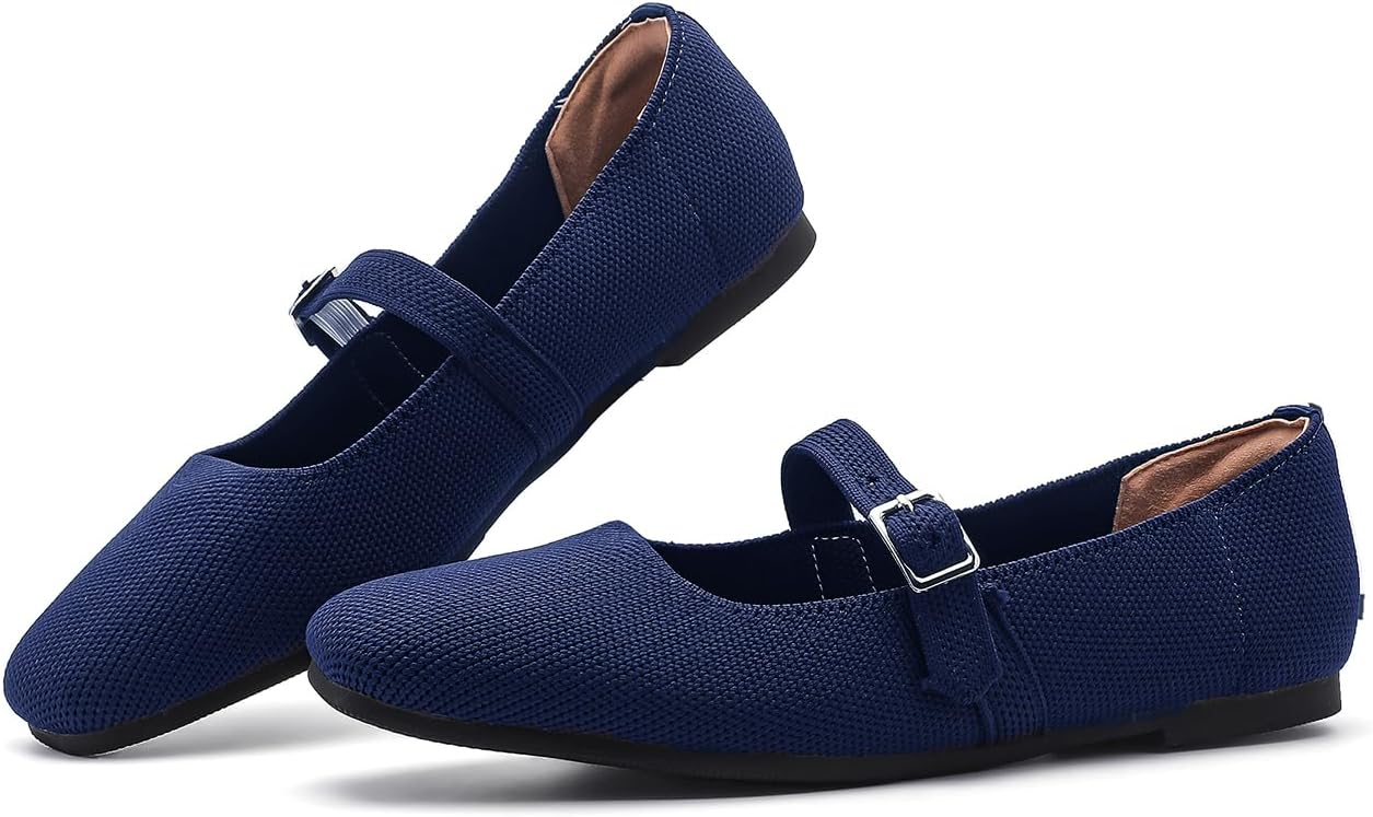 Women Knit Square Toe Flats Casual Ballet Flats with Ankle Strap Mary Jane Shoes Women Comfortable for Dressy Office 168-blue-39 - Image 4