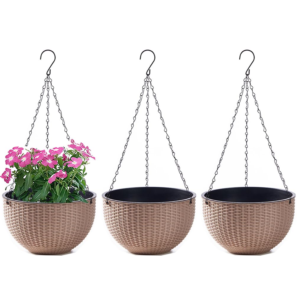 Lot de 3 Pots de Fleurs Suspendus avec Nchaînes en Acier Inoxydable Pot Suspendu Plante avec Réservoir d'eau et Trou de Drainage Intérieur Exterieur Balcon et Jardiniere Suspendue (Kaki, L)
