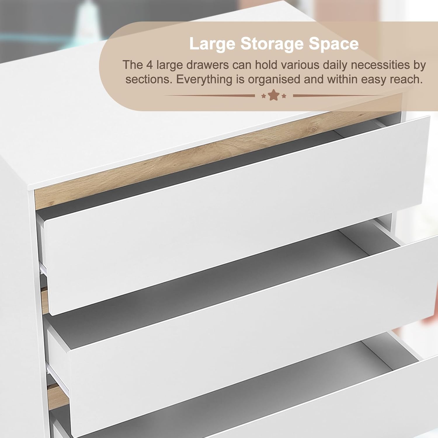 WOLTU changing table with all four drawers partially open, revealing ample storage space.