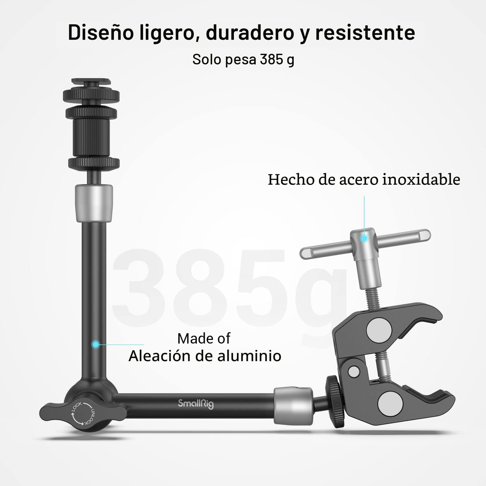 SMALLRIG Super Clamp Crab-Shaped & Magic Arm Brazo Mágico de 11" con Súper Clamp, Brazo Articulado Roscado de 1/4"-20 con Montura de Zapata para Monitor, Luz LED, Micrófono - 3726