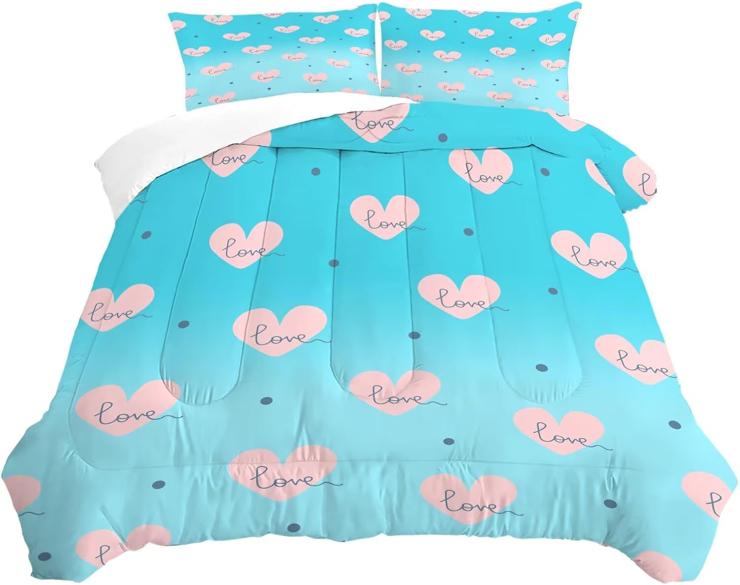 Heart Shaped Comforter Set Full/Queen Size Blue Gradient Bedding for Kids Girls Teen Women Bedroom Decor Love Aesthetic Quilt Bed Sets, 1 Comforter 2 Pillowcases
