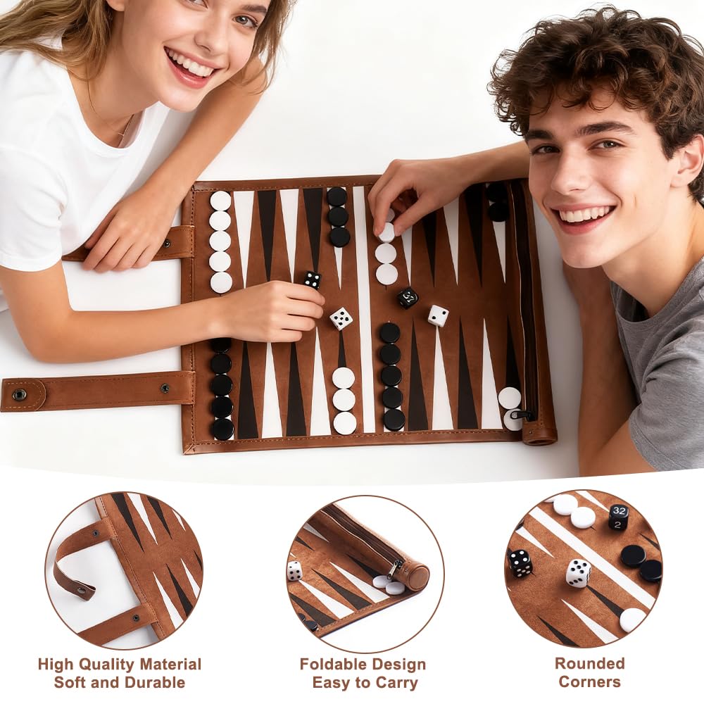 SGZIOO Travel Backgammon Set, Roll Up Board Game Travel set, Portable Board Game Sets Leather with Traditional Tan Design - Image 3