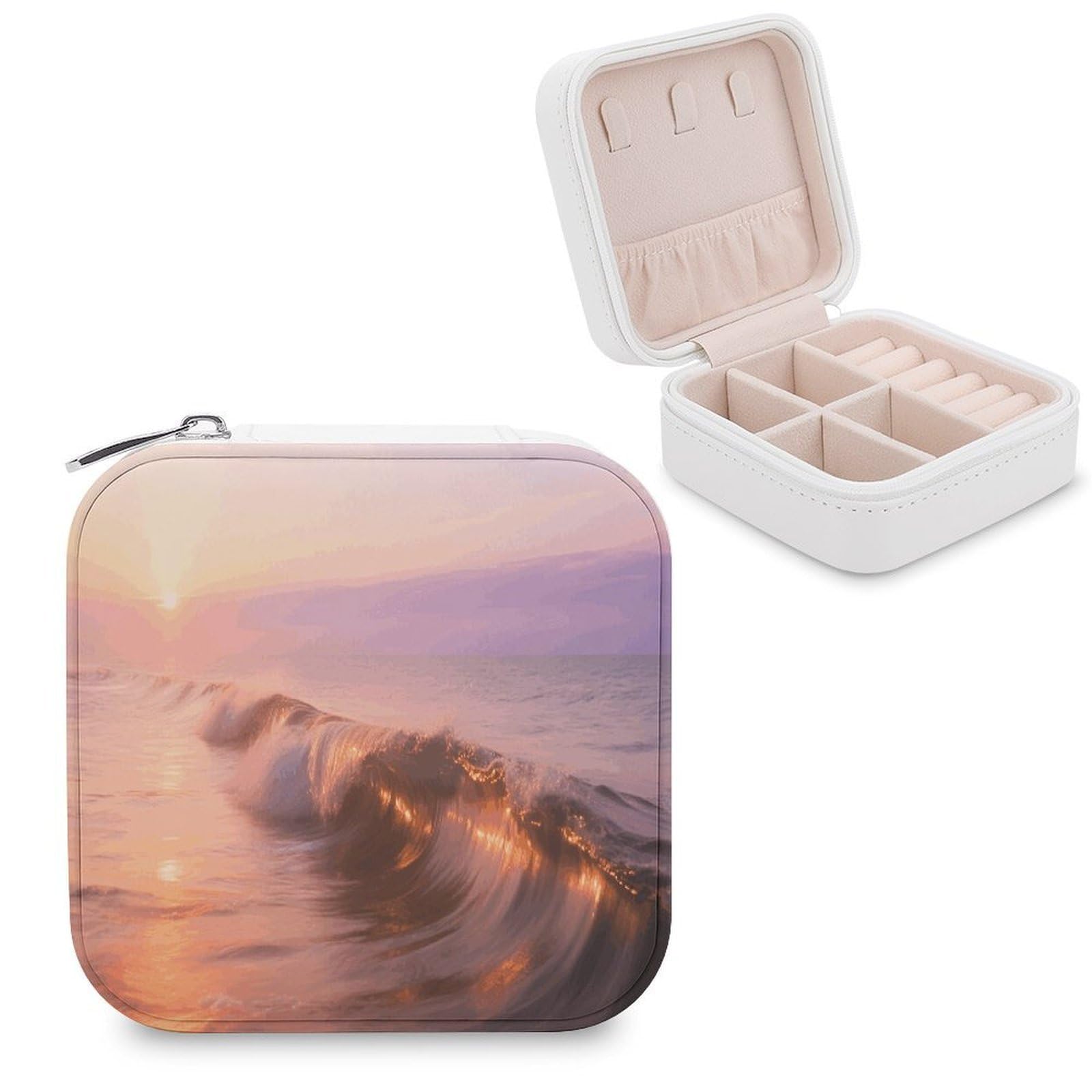 VstaDank Sea Waves Jewelry Box for Women Jewelry Organizer Storage Case with Zipper Mini Travel Jewelry Case Cute Trinket Organizer Leather Portable Jewelry Storage Box