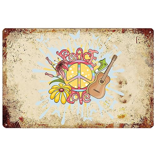 Hippie Vintage Metal Sign Peace Love Guitar Art Illustration Hippie Home Decor Retro Hippy Street Signs For Women Men Bedroom Coffee Garden Home Decor Gifts 14x20cm