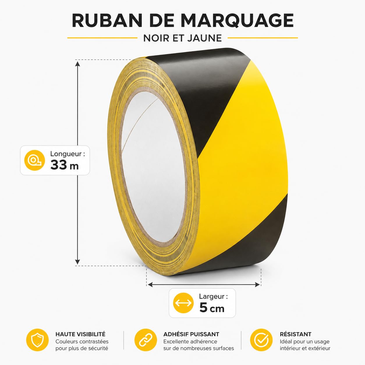 Générique Ruban de Signalisation Adhésif Jaune et Noir X6 – Ruban de Marquage au Sol PVC 50 mm x 33 m – 160 Microns – Haute Résistance – Signalétique Sécurité Entrepôt, Industrie, Atelier et Chantier