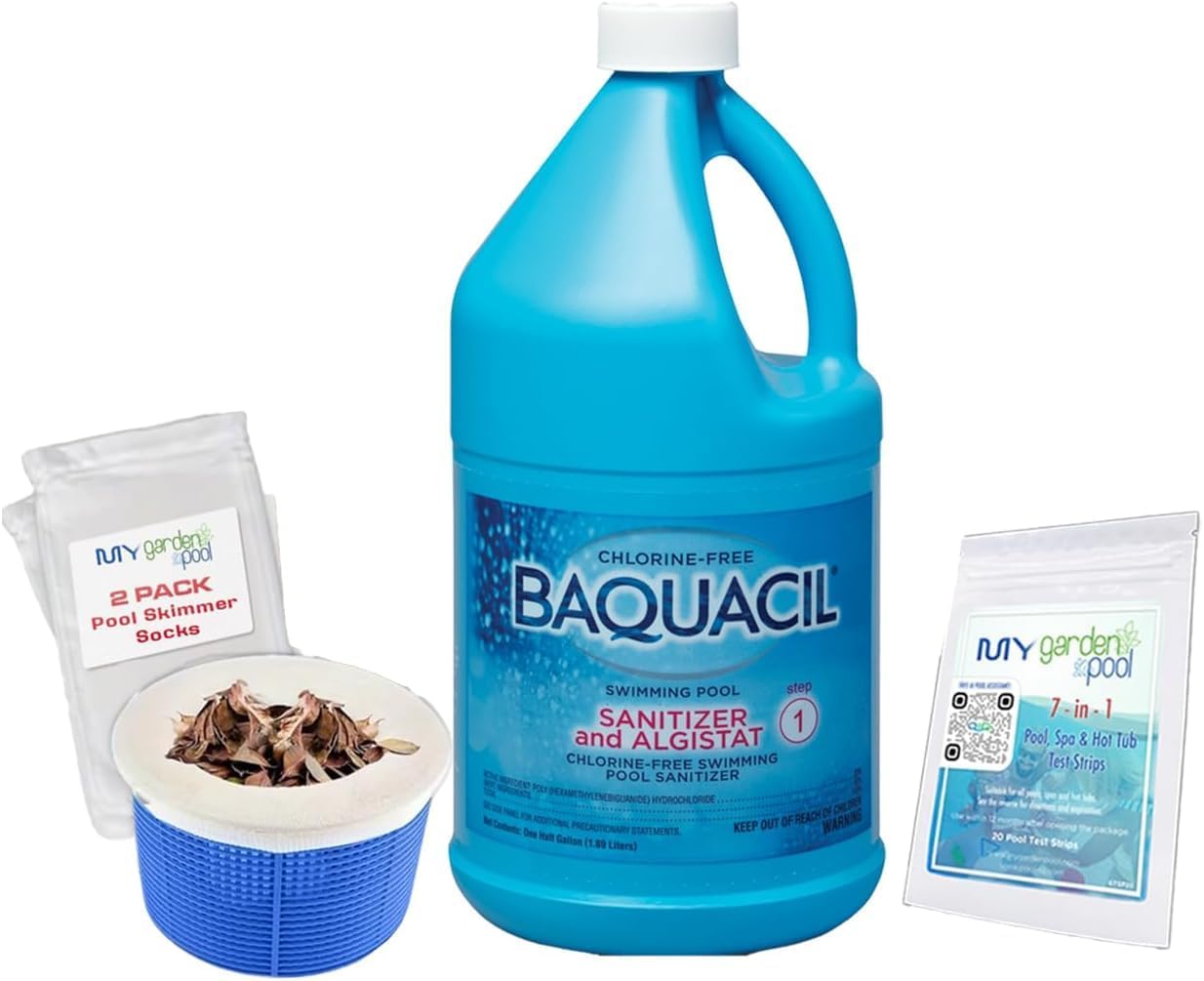 BAQUACIL Swimming Pool Sanitizer and Algistat 64 fl oz Chlorine-Free Sanitizer with Algae Control Gentle on Skin Includes My Garden Pool 2 Scum Socks & 7-1 Test Strips