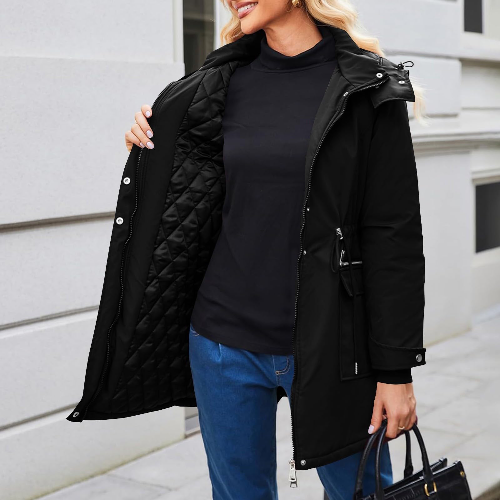 Damen Umstandsmantel, 3-in-1, Schwangere, Pufferjacken, Winter, warm, mit Kapuze, gepolstert, winddicht, Babyeinsatz, Tragemantel, leichte Steppjacken, Oberbekleidung, Thermomantel, Schwarz