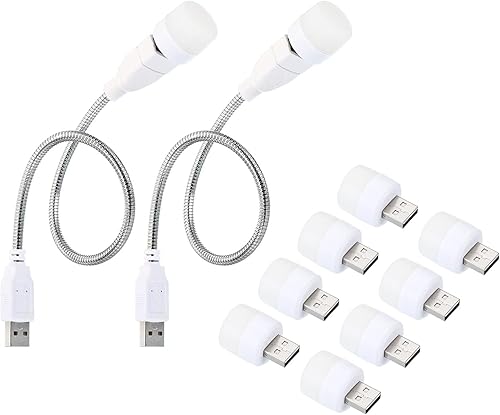 PATIKIL Luces nocturnas USB, 10 mini bombillas LED portátiles enchufables con cables flexibles de cuello de cisne macho a hembra de 13.8in para