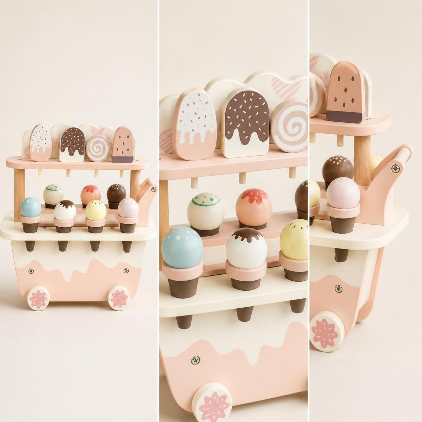 Banco Gelati Finto da Gioco | Colori Tenue Delicati, Carretto dei Dessert con Coni, Gelateria Giocattolo in Legno, per Cameretta, Bambini