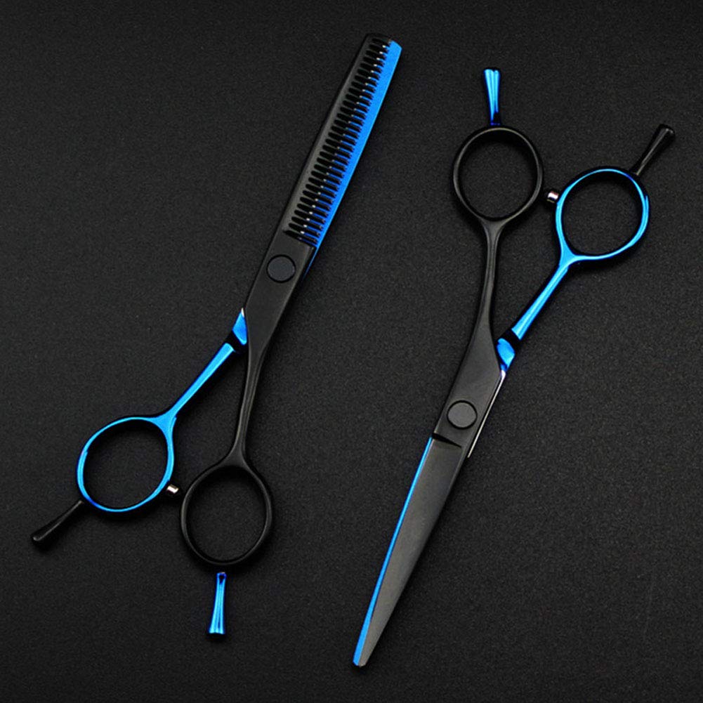 Profesional Japón 440C 5,5 pulgadas azul y negro tijeras de corte de pelo corte de pelo adelgazamiento tijeras de corte de pelo tijeras de peluquería juego para hombres y mujeres