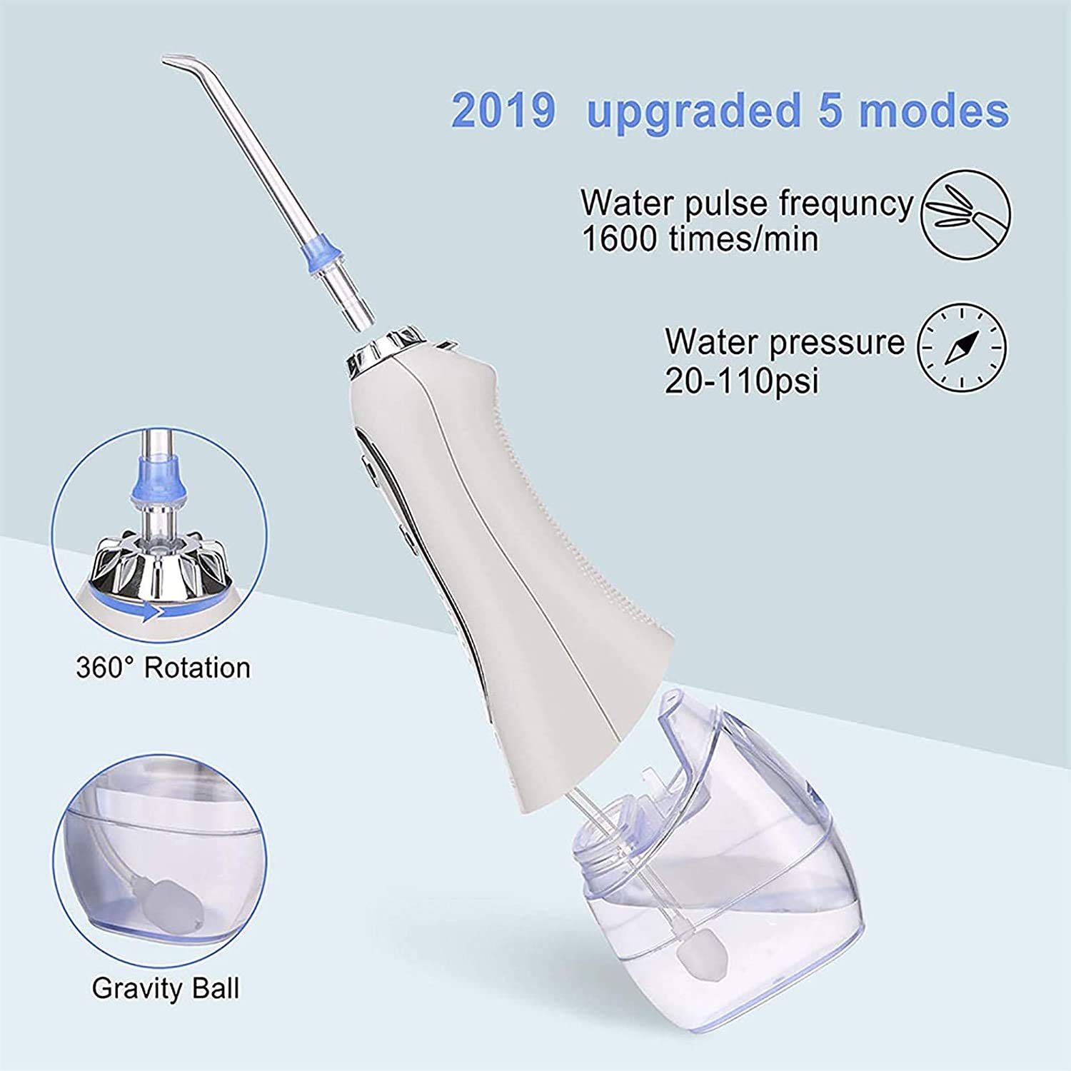 Flosser dentaire de l'eau rechargeable sans fil: Nettoyeur de dents de puissance avec USB Câble, IPX7 Flosser imperméable for les ponts oraux Soins avec 5 mode, 30 0ml Réservoir d'eau détachable