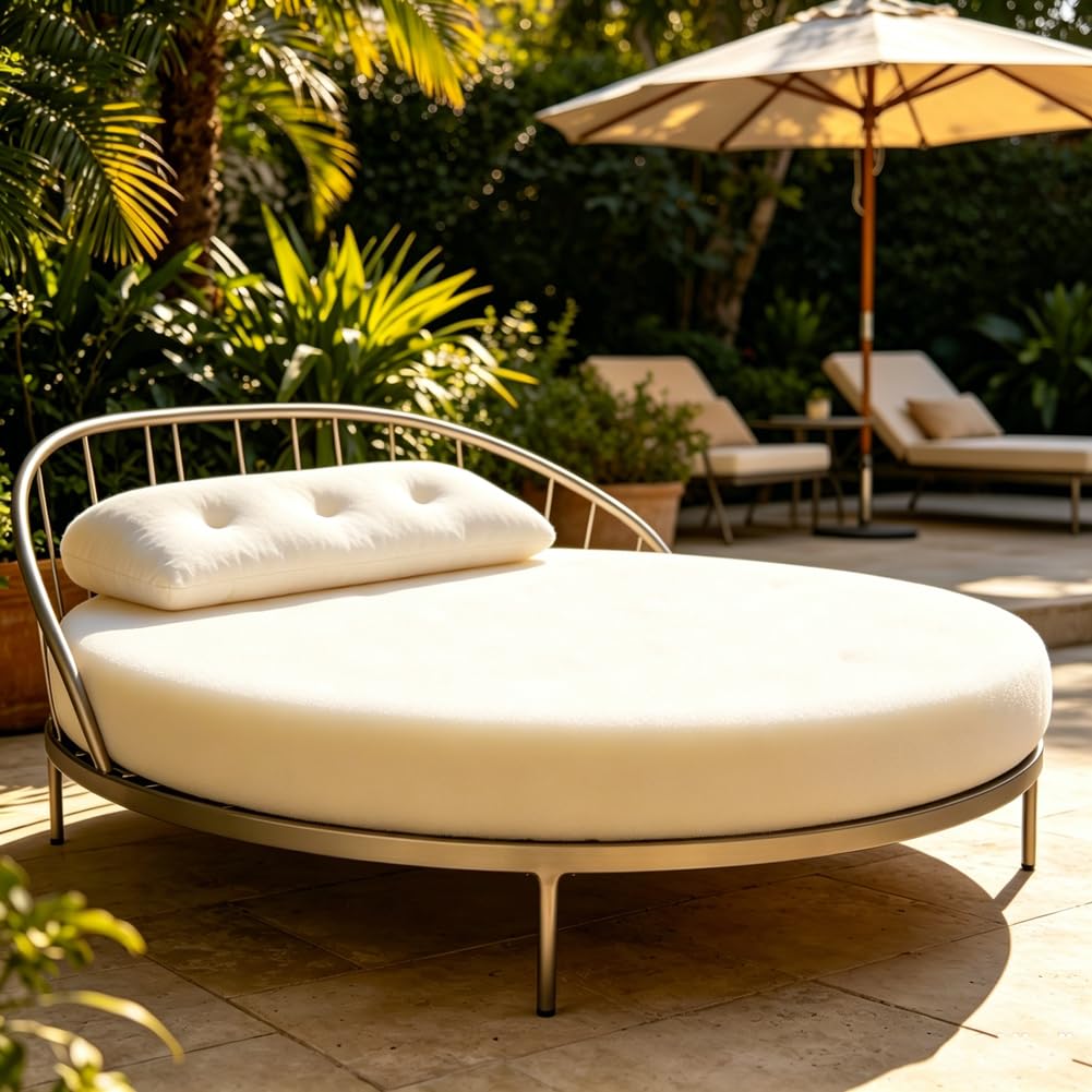 HEADBOARD Large Outdoor Round Daybed Foam Cushion,High Density Upholstery Foam for Round Floor Seating Pad,Circle Sunbed/Patio Day Bed Mattress Replacement (5cm Thick,Diameter 100cm)