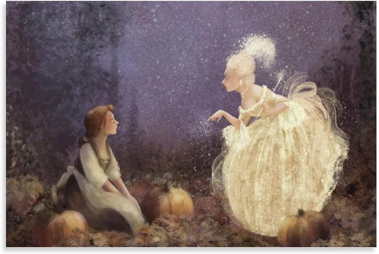 Posters Fairy Tale Illustration Kids Room Wall Art Little Girl and Godmother Wall