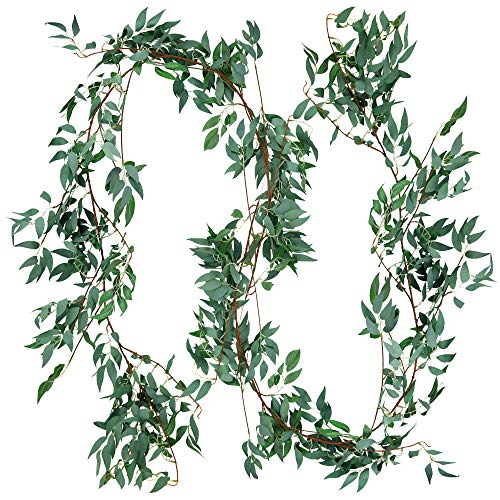 FiveSeasonStuff Hanging Willow Garlands, Willow Vine Leaves Artificial Rustic Garland Plant with Bendable Stems for Wedding Home Décor (2 Pcs, 11.4 Feet)