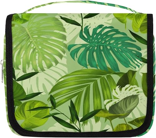 OMFUNS Bolsa de aseo de hoja de palma para mujeres y hombres con gancho para colgar, bolsa de cosméticos de viaje para plantas tropicales, estuche