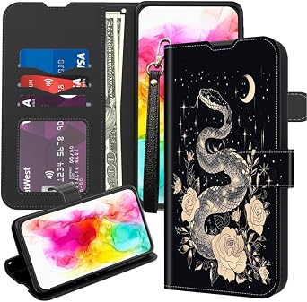 for iPhone 16 Pro Max Case Wallet with Card Holder 2024 Release,6.9",PU Leather Kickstand Magnetic Snap Flip Cover Case with Wrist Strap-Snake with Rose Flower